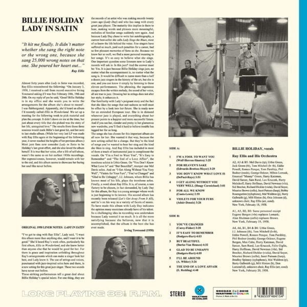 Billie Holiday - Lady in Satin (LP, Blue Colored, Waxtime In Color) - Image 2