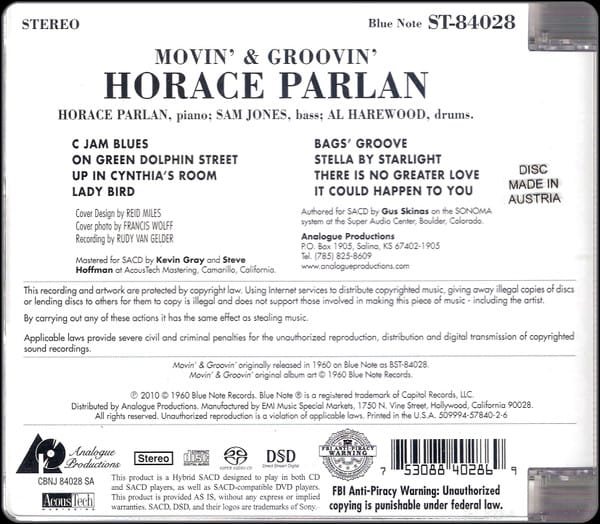 Horace Parlan - Movin' & Groovin' (Hybrid CD/SACD, Analogue Productions) - Image 2