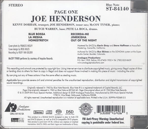 Joe Henderson - Page One (Hybrid CD/SACD, Analogue Productions) - Image 2