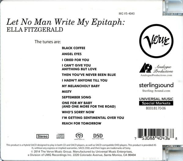 Ella Fitzgerald - Let No Man Write My Epitaph (Hybrid CD/SACD, Analogue Productions) - Image 2