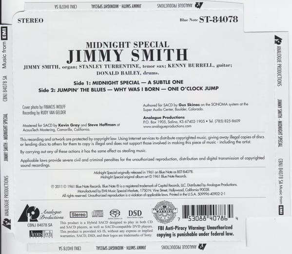 The Incredible Jimmy Smith - Midnight Special (Hybrid CD/SACD, Analogue Productions) - Image 2