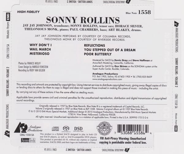 Sonny Rollins - Volume 2 (Hybrid CD/SACD, Analogue Productions) - Image 2